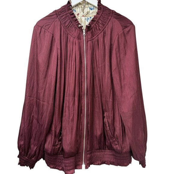 CHICO'S Floral Bomber Jacket XL (Chicos 3) Cream Red Reversible Zip Front Satin - Picture 5 of 15